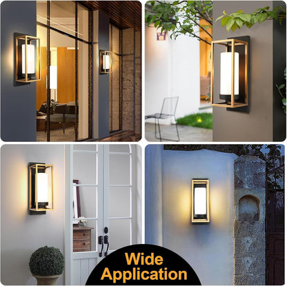 ALVIME Modern Outdoor Wall Lights 2 Pack, Brushed Gold & Matte Black Exterior Sconce, Waterproof Porch Light for House Garage Front Door Living Room Bathroom, E26 Base Etched Opal Glass
