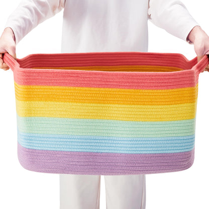 ENAORGAN 75L Extra Large Rainbow Cotton Rope Storage Basket for Blanket Toy Box for Girls Woven Rectangle Basket for Baby Kids Nursery Clothes Laundry Toy Storage in Living Room Bedroom