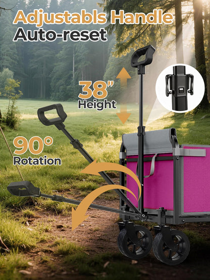 Aimnny Pink Folding Wagon Cart with Wide Wheels, Lightweight & Portable, Easy Fold & Removable Side Utility Wagon for Groceries, Gardening, Camping, Pet Use