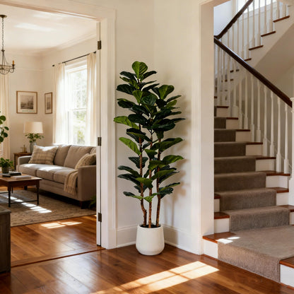Joyplants 5ft Fake Fiddle Leaf Fig Tree, Realistic Fake Plants with Natural-Looking Trunk, Evergreen Faux Plants Indoor for Home & Office Decor（3 Poles, White Pot）
