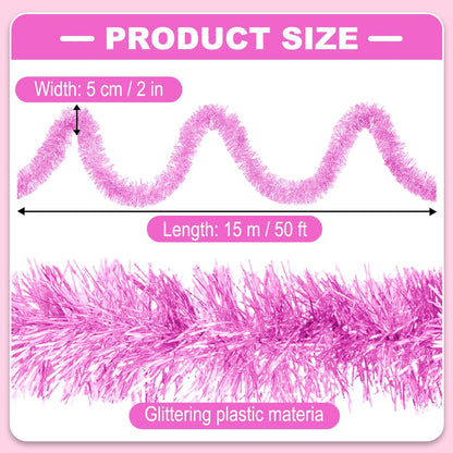 50 Feet Christmas Tinsel Garland, Metallic Twist Garland Wall Hanging Tinsel Garland Backdrop for Parade Floats, Carnival, Birthday, Wedding, New Year Party Decorations (Macaron Pink, 2in x 50ft)