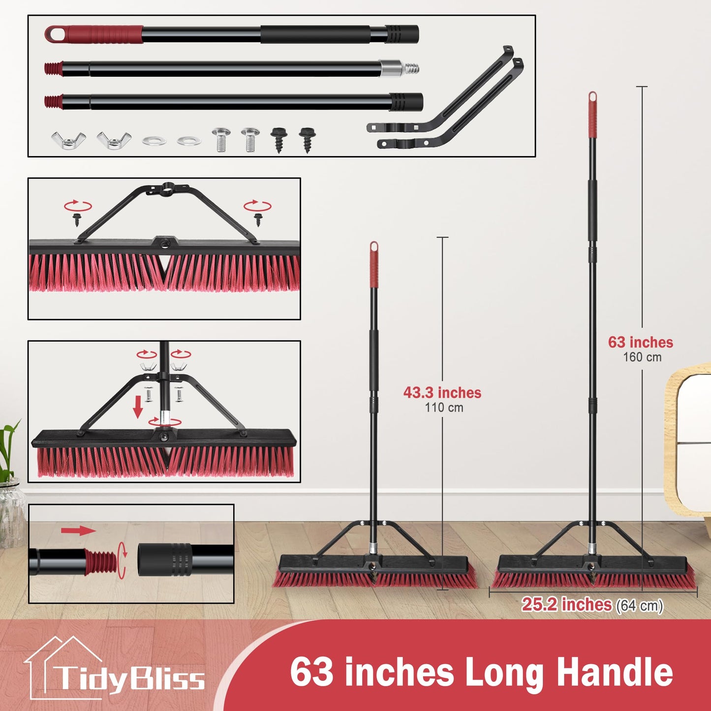 TidyBliss 24” Push Broom Outdoor Heavy Duty, Large Commercial Stiff Bristle Brush with 63 inches Long Handle for Garage Shop Garden Yard Patio Deck Street Warehouse Lawn Driveway (Red)