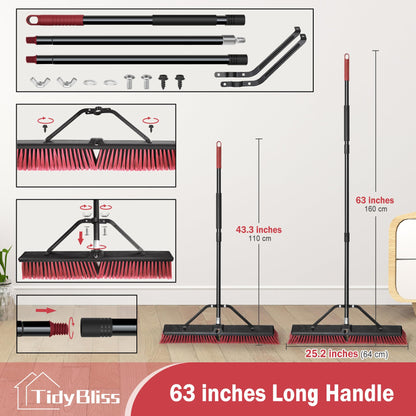 TidyBliss 24” Push Broom Outdoor Heavy Duty, Large Commercial Stiff Bristle Brush with 63 inches Long Handle for Garage Shop Garden Yard Patio Deck Street Warehouse Lawn Driveway (Red)