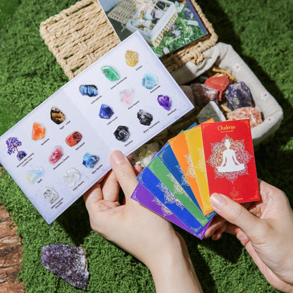 MYDAYS&DESIGN 18Pcs Crystals and Healing Stones Set in Rattan Box, 17 Raw Chakra Stones, 1 Amethyst Tree, Guide for Beginners, Meditation Yoga Home Decor, Healing Crystal Gifts for Women Mom Girl