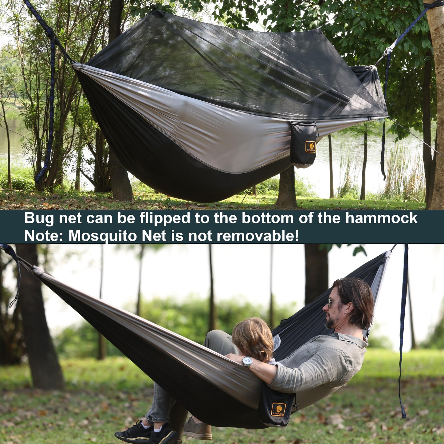 Qevooon Camping Hammock with Net,Travel Portable Lightweight Hammocks with Tree Straps and Solid D-Shape Carabiners,Parachute Nylon Hammock for Outsides Backpacking Beach Backyard Patio Hiking
