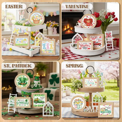 GlikCeil 95 Pcs Interchangeable All Season Tiered Tray Decor Set Farmhouse Holiday Decorations Wooden Frames Ladders with Season Cards Bows for Home Kitchen Valentine Easter Mardi Gras Spring Summer
