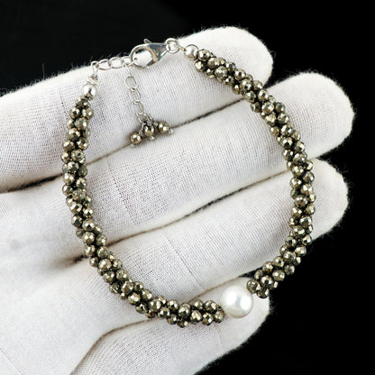 CRYSTALIS Natural Pyrite Beads Twisted Rope Bracelet with Elegant Pearl, High Grade Gemstones, Chakra Healing Stones, Gift Giving Womens Jewelry, 925 Sterling Silver Bracelet 8 inch