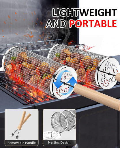 Rolling Grill Basket, Removable Wooden Handle, 304 Stainless Steel, Nesting BBQ Tools for Vegetable, Outdoor Smoker Camping Accessories, Father's Day Gifts Birthday Gift for Men Dad Husband