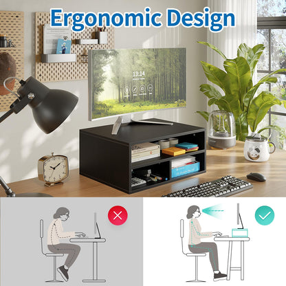 ALISENED Printer Stand for Desk, 2-Tier Wooden Desk Organizer with Adjustable Compartments, Heavy Duty Desktop Stand for Printer Scanner Monitor, Space Saving Office Organization and Storage, Black