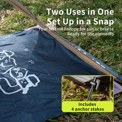 morning deer 65"x60" Lightweight Packable Picnic Mat & Canopy 2-in-1 Double-Sided Waterproof Groundsheet with 4 Tarp Stakes Camping Moisture-Proof Mat Lawn & Beach Mat for Backpacking, Beach, Park