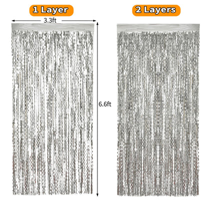 4 Pack 3.3x6.6ft Silver Foil Fringe Backdrop - Wavy Metallic Tinsel Foil Curtains Photo Booth Backdrop for Birthday Wedding Holiday | Silver Streamers Celebration Bachelorette Party Decorations