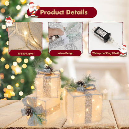 Set of 3 Christmas Lighted Gift Boxes with 60 LED Lights, Plug-in Holiday Decorations for Xmas Tree, Home, Indoor Outdoor Décor(Silver)