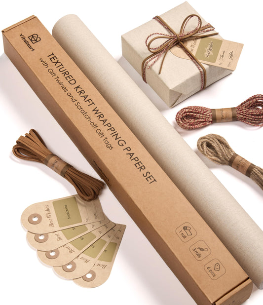 Vitalizart Textured Wrapping Paper Set 17" Roll Twine Ribbons & Tags Extra Thick All-in-One Neutral Beige Kraft Christmas Gift Wrap Birthday Baby Shower Wedding Crafts Vintage Minimalist Housewarming Flower Book