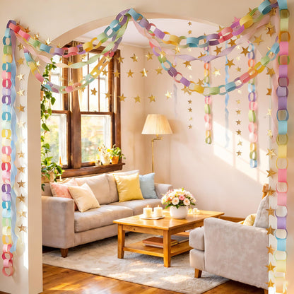 Gleebixi Pastel Birthday Party Decorations Kit with 492ft Crepe Paper Streamers, 300 Sheets Paper Chain Strips and 78.6ft Gold Star Garland for Hanging Decor