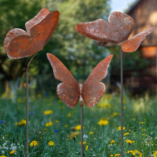 Weysat 3 Pack Butterfly Garden Stake Decor 28 Inch Metal Yard Art Butterflies Stakes for Women Mom Ornaments Outdoor Decorative Patio Lawn Decor (Rutic Color)