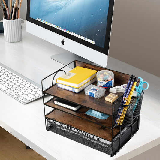 ZNMYDMT 4 Tier Desk Organizers and Accessories, Paper Letter Tray Organizer,Vintage Wood Desk File Organizer with Drawer and 2 Pen Holders for School Home Office Supplies