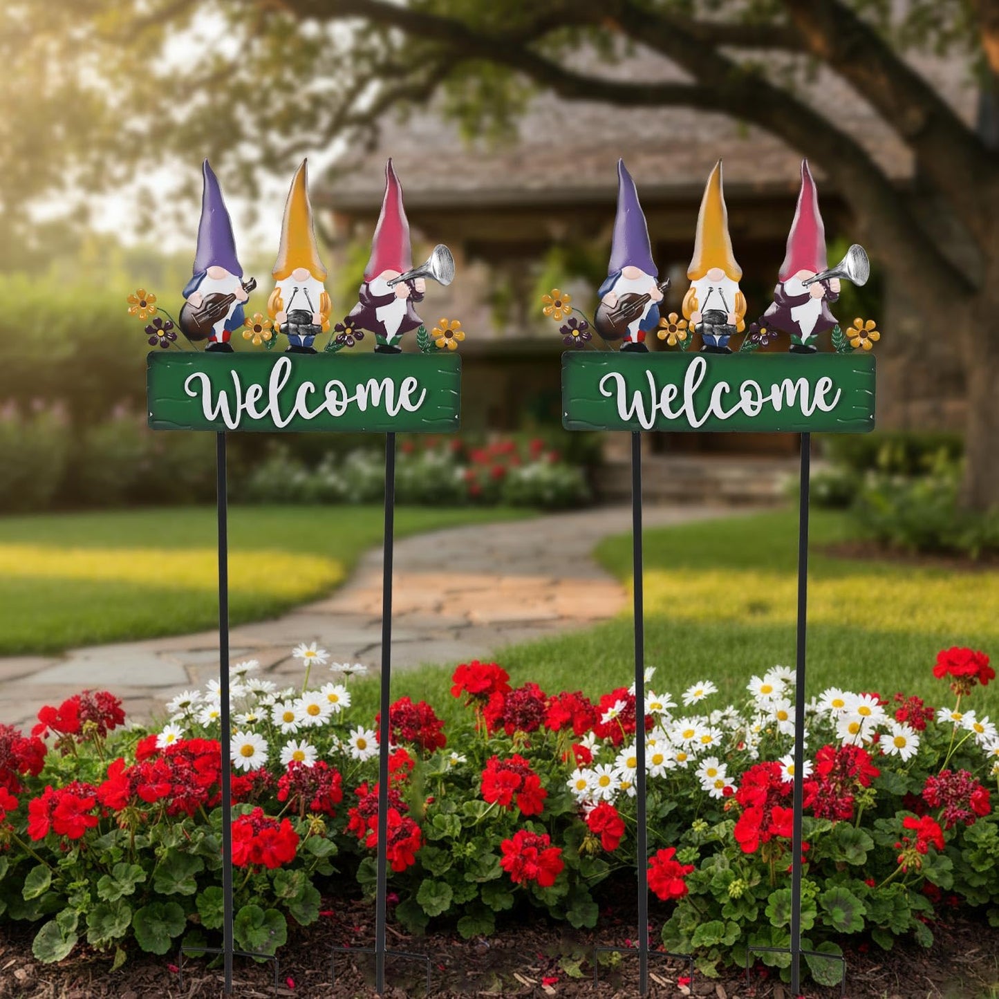 YHSOLAR Spring Gnomes Decorations for Yard with Garden Welcome Sign, Large 43.3inch Musical Gnome Decorative Garden Stakes Metal Yard Art for Outdoor Lawn Decorations