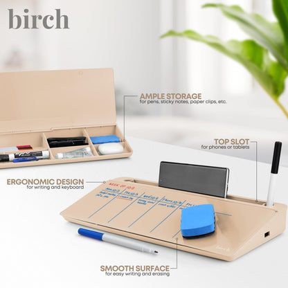 Birch Small Desktop Whiteboard – Glass Dry Erase Board Desk Pad Keyboard Stand with Storage Compartment Adjustable Dividers 3 Markers, Eraser & Holder – Perfect for Office, Home, & School (Sand)