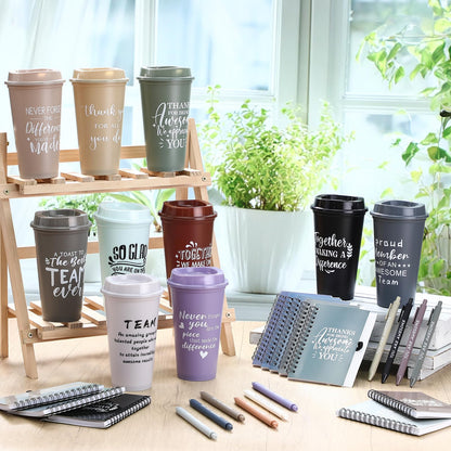 Teenyyou 90 Pcs Employee Appreciation Gift Set, 16oz Tumbler with Lid Notebook Pen Bulk Thank You Gift Holiday Party Favor for Office Coworker Teacher Staff Team (Dark Color,Elegant Style)