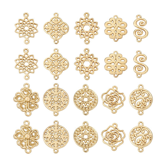 Spritewelry 40Pcs Flower Connector Charm 10 Styles Vintage Hollow Alloy Filigree Floral Links Tibetan Style Antique Gold Pendants for DIY Craft Bracelets Earrings Dangle Jewelry Making Findings