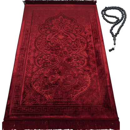 Modefa Luxury Velvet Prayer Rug with Prayer Beads | Soft Elegant Muslim Turkish Janamaz Sajada Carpet for Men and Women | Plain Solid Prayer Mat Ramadan Eid Gift - Paisley (Red)