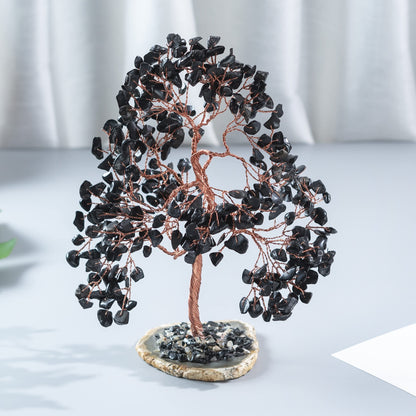 Crocon® Black Tourmaline Gemstone Tree Geode Agate Slice Base, Handmade Crystal Tree for Positive Energy, Attract Good Luck, Chakra Tree of Life, Black Healing Stone for Root Chakra, Meditation Gift