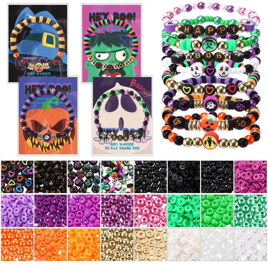 Ferreve 2485 Pcs Halloween Beads for Bracelets, Clay Beads Colorful Friendship Bracelet Making Kit with Thanks Card DIY Halloween Decoration Gifts Charms Jewelry Crafts Kit for Class Party Supplies