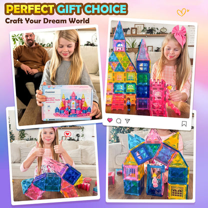 Coodoo Diamond Magnetic Tiles Magnetic Building Blocks STEM Sensory Toy for Boys Girls Pink Castle Dollhouse Pretend Princess Toys for 3 4 5 6 Year Old Girls Toys Birthday Xmas Present