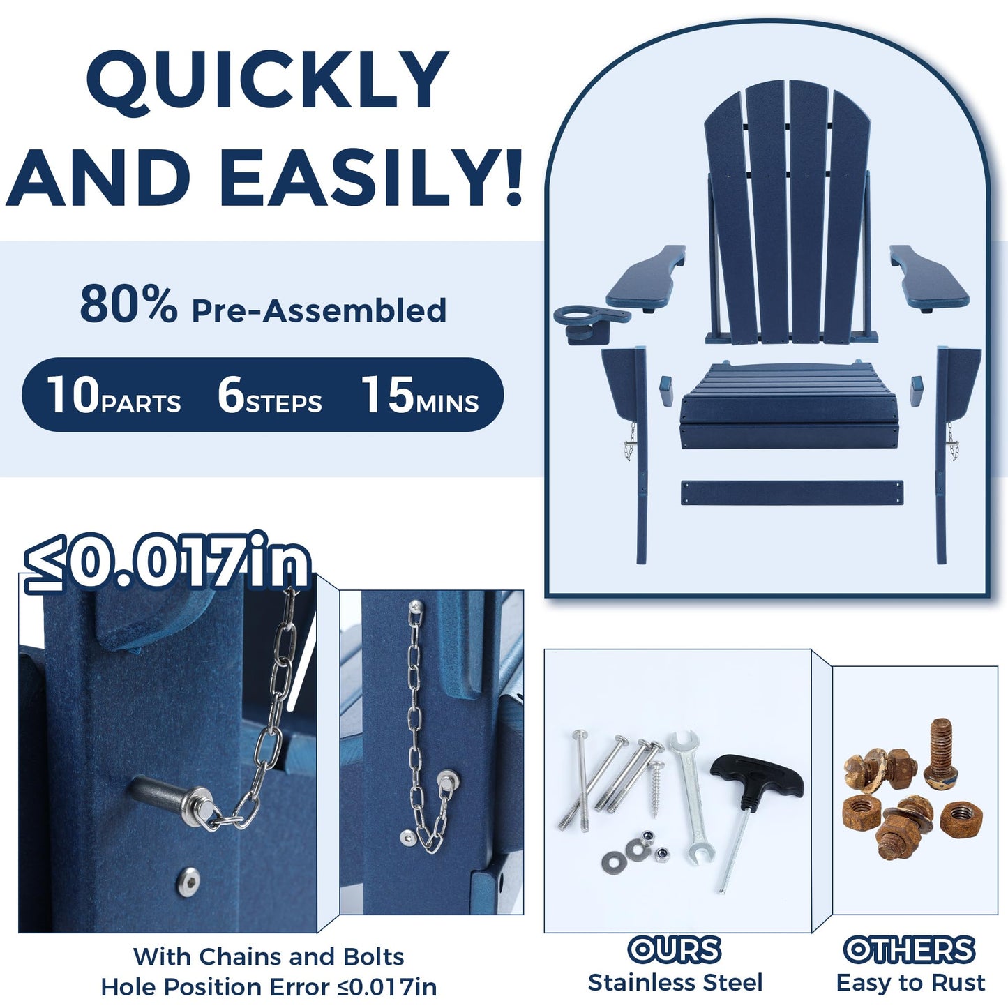 Magpie Fabrics Foldable Adirondack Chair with Cup Holder, HDPE Weather Resistant Oversize Outdoor Chair, Widely Used in Patio, Fire Pit, Deck, Porch, Garden, Campfire (Navy Blue)