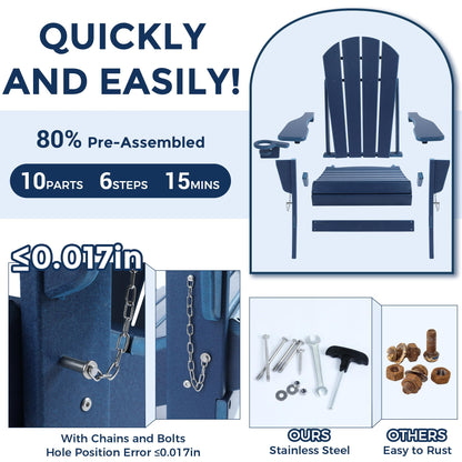 Magpie Fabrics Foldable Adirondack Chair with Cup Holder, HDPE Weather Resistant Oversize Outdoor Chair, Widely Used in Patio, Fire Pit, Deck, Porch, Garden, Campfire (Navy Blue)