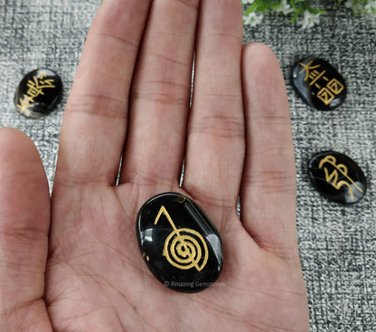 Amazing Gemstone Sulemani Agate Crystal Reiki Stones with Engraved Symbols for Usui Reiki Healing, Set of 4 Pcs (Indian Handmade Reiki Gift Set)