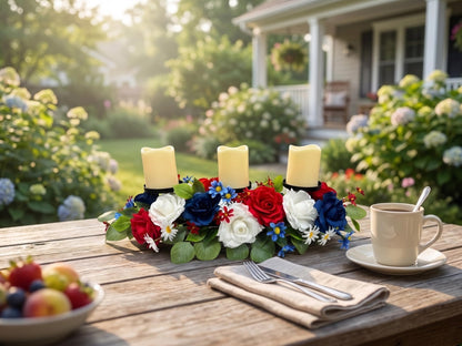 Svndlyn 4th of July Decorations,Patriotic Floral Arrangement Centerpiece for Table,Centerpiece with 3 Candle Holder,Red White and Blue Fake Rose Flowers for Independence Day Home Decor,Memorial Day
