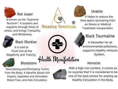 Amazing Gemstone Crystals for Health Manifestation, Set of 6 Red Jasper, Black Obsidian, Black Tourmaline, Bloodstone, Hematite and Unakite Healing Crystals and Stones
