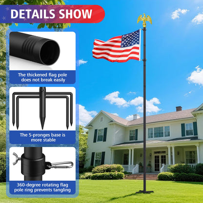 Flag Pole for Outside House, Outdoor Black Heavy Duty 10 FT Flag Pole Kit, for Residential or Commerical, Tangle Free Flagpole (Include American 3 X 5 Flag, 5 Pronges Base, Eagle Shaped Head)