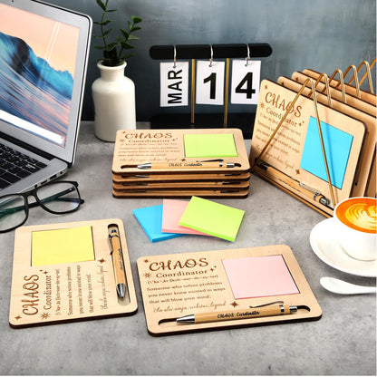 Kosiz 10 Set Chaos Coordinator Appreciation Gifts Bulk Wooden Sticky Note Holder with Notes and Ballpoint Pens Thank You Appreciation Gifts for Chaos Coordinator Team Employee Office Supplies