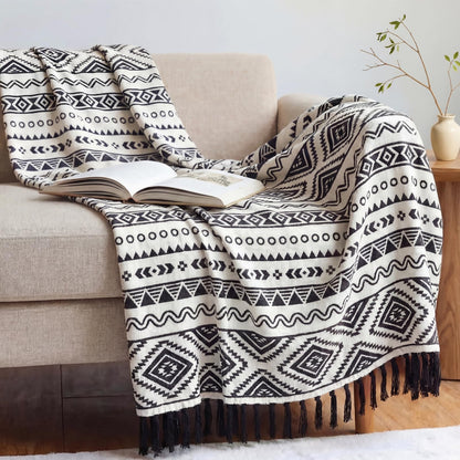 Boho Throw Blanket for Couch - Farmhouse Rustic Soft Blanket with Tassel, Western Aztec Vintage Blanket, Bohemian Cozy Blanket, Gifts for Women(50x60 Inches, Black and White)