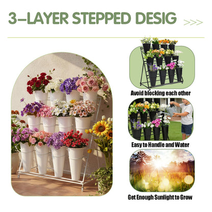 Flower Display Stand with 12 Buckets, 3 Layers Flower Bar Cart with Wheels, Metal Flower Plant Stand, Moving Florist Bouquet Shelf, for Outdoor Indoor Garden Patio Florist Weddings (A-Black)