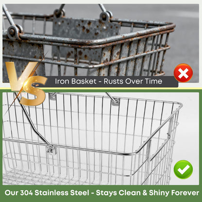 Wire Harvest Basket, Kitchen Organizers and Storage with Foldable Handle - 15.0"x9.8"x6.9" Portable Stainless Steel Picnic Baskets for Gathering Vegetables,Fruits,Kitchen,Garden,Picnic&Shopping (1, L)
