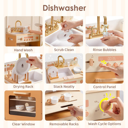 ROBUD Wooden Play Kitchen, 4-in-1 Kids Kitchen Playset with Fridge, Washing Machine, Dishwasher, Toddlers Role Play Kitchen Set Gift for Boys & Girls, Age 3+ (Caramel)