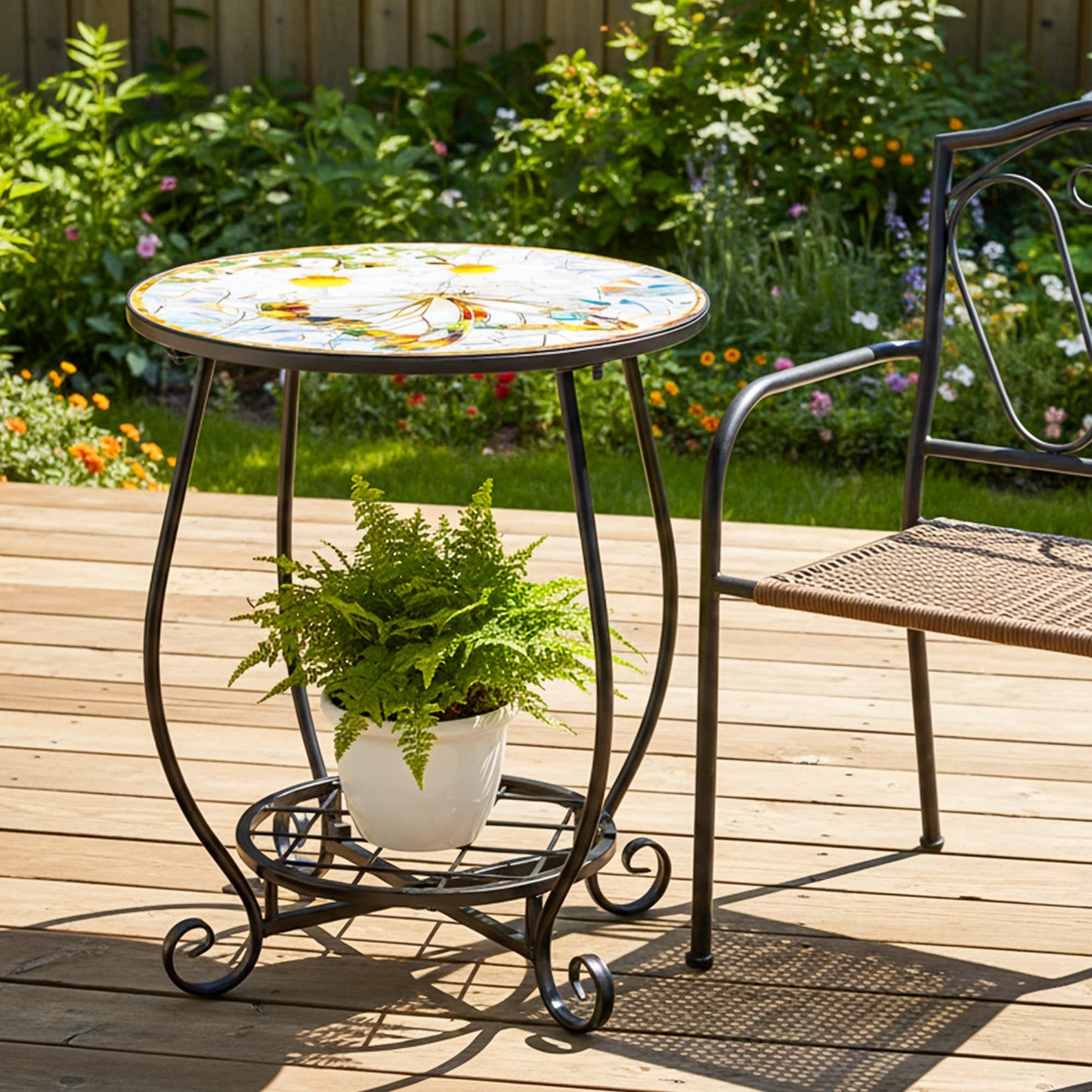 GQIRIL Outdoor Patio Side Table - 14" Metal Small Round Coffee Tables, Flower Butterfly Style Accent Stand End Snack Desk for Indoor Outside Balcony Yard Porch Bedside Poolside Garden Home Decoration