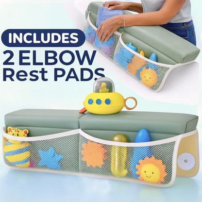 Comfortable Baby Bath Kneeler and Elbow Rest Pad Set, Non-Slip Bathtub Kneeling Pad for Bathing Baby, Bath Tub Cushion Mat, Elbow Pads, Toy Organizer Storage Pockets, Strong Suction Cups (Green Gray)
