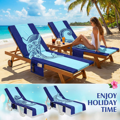 Hillsuren 2 Pcs Pool Lounge Chair Towel Cover with 3 Pockets, 85 x 30 Inch Beach Pool Chair Towels Microfiber Chaise Lounge Covers for Outdoor Summer Sunbathing Beach Garden Lounger(Haima Whale)
