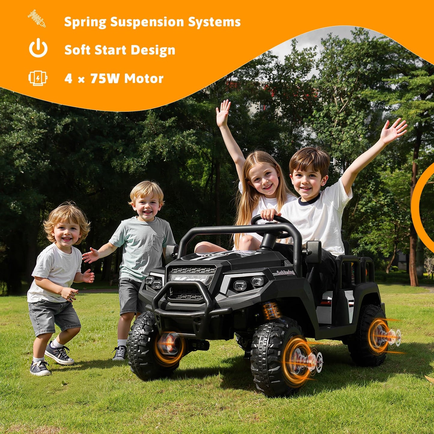 Electric Car for Kids, 24V 4 Seater Ride on Toys w/Parent Remote, 4 Wheeler Suspension, Max 220lbs Weight Capacity, USB, Music, Radio, LED Light, Ride on Truck for Boy/Girl Ages 3-8,Black