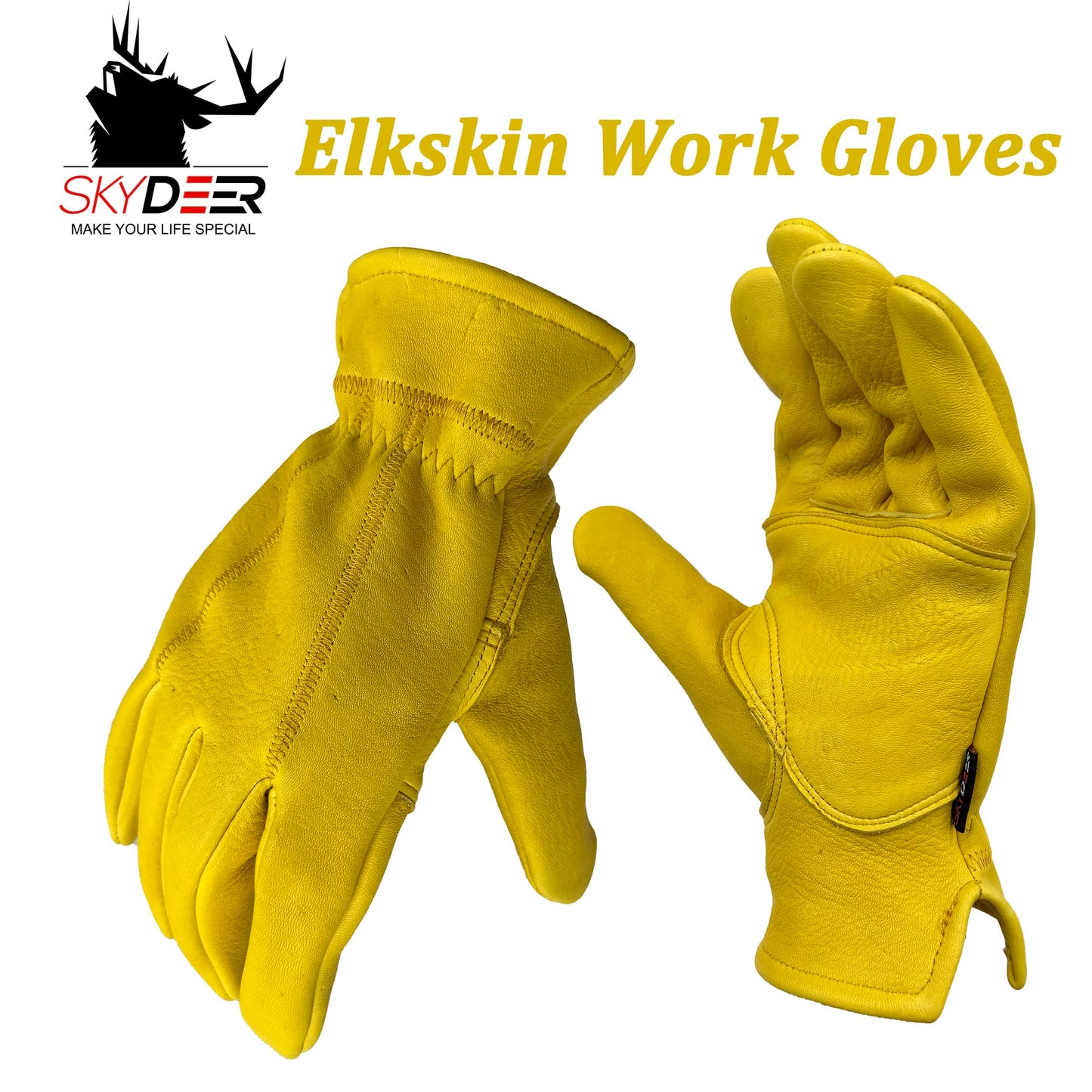 SKYDEER Full Premium Wild Elkskin Leather Work Gloves for Men, All-Weather Durable & Breathable, Anti-Slip Grip, Large Glove for Heavy-Duty Labor, Construction, and Gardening (SD8826/L)