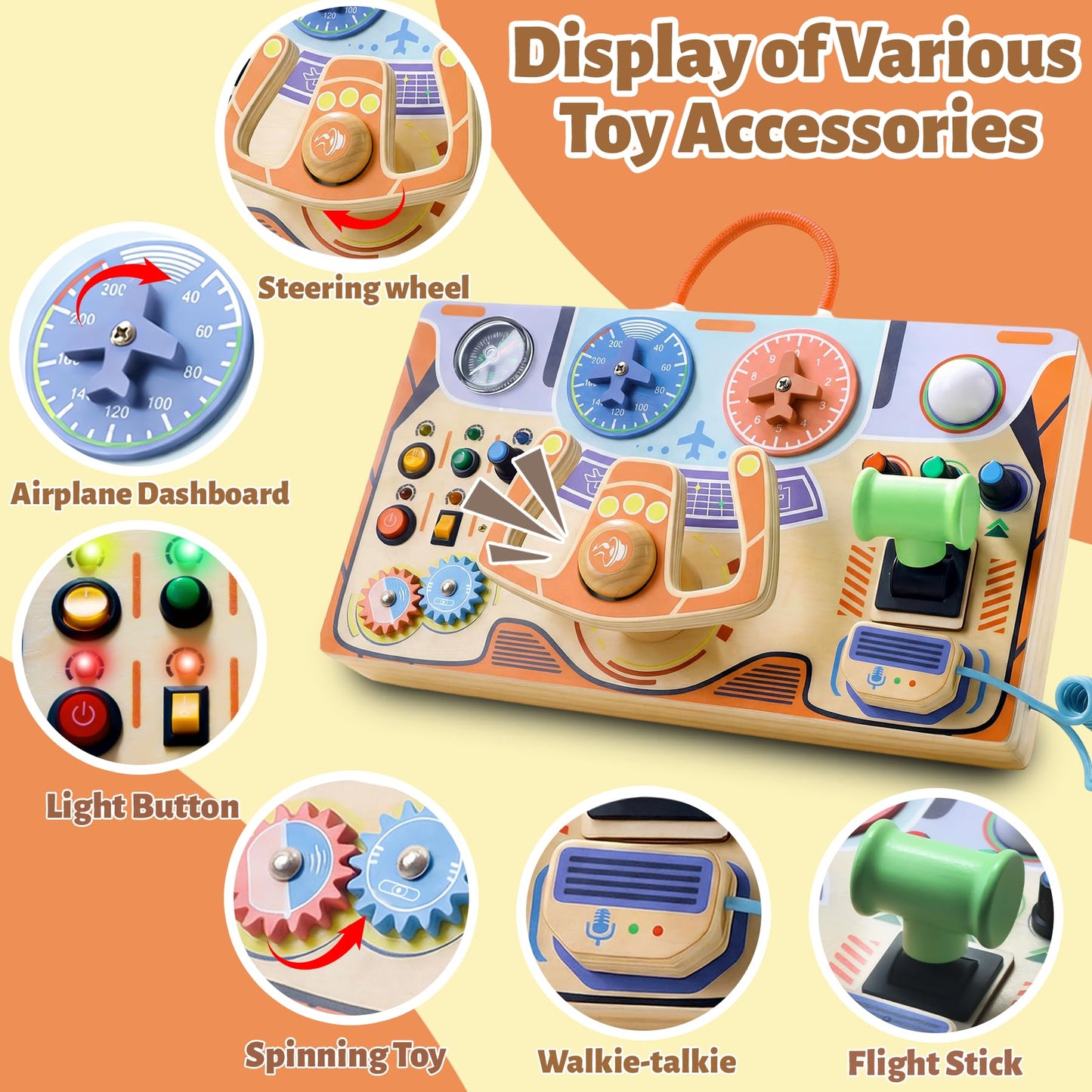Teekdeer Montessori Busy Board for Toddlers 2-4,Wooden Sensory Steering Wheel Toys with LED Light Switch,Travel Toy Educational Fidget Activity Board for Boys and Girls Gift