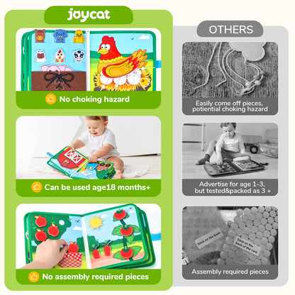 JoyCat Farm Busy Book for Toddlers 1–3 – Quiet Montessori Activity Book with 15 Daily Life Activities, Screen-Free Travel Toy for Toddlers, Easter Basket Stuffers Gifts Kids