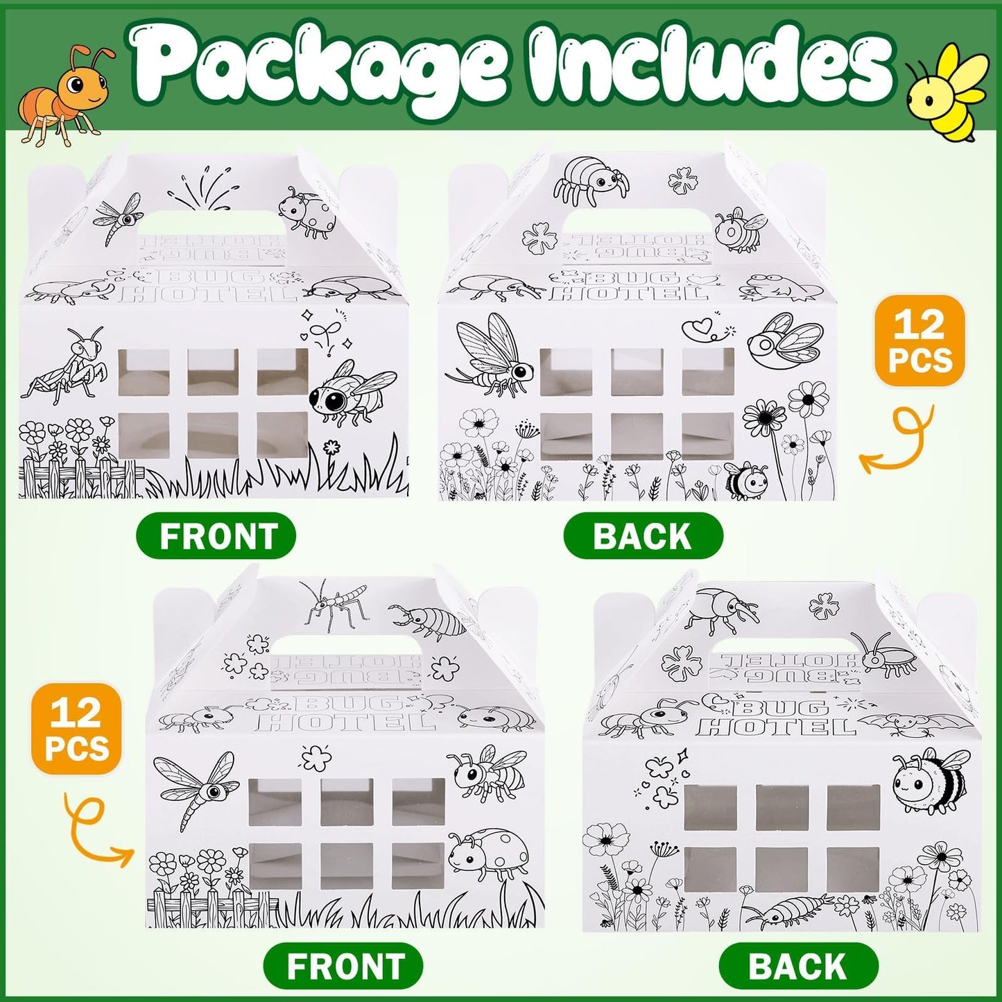 Ailefentene 28 Pack Bug Hotel Box Color Your Own Cardboard Bug Catchers with Stickers, DIY Insect Critters Collection Gable Box with Window for Spring Summer Garden VBS Crafts Party Favors