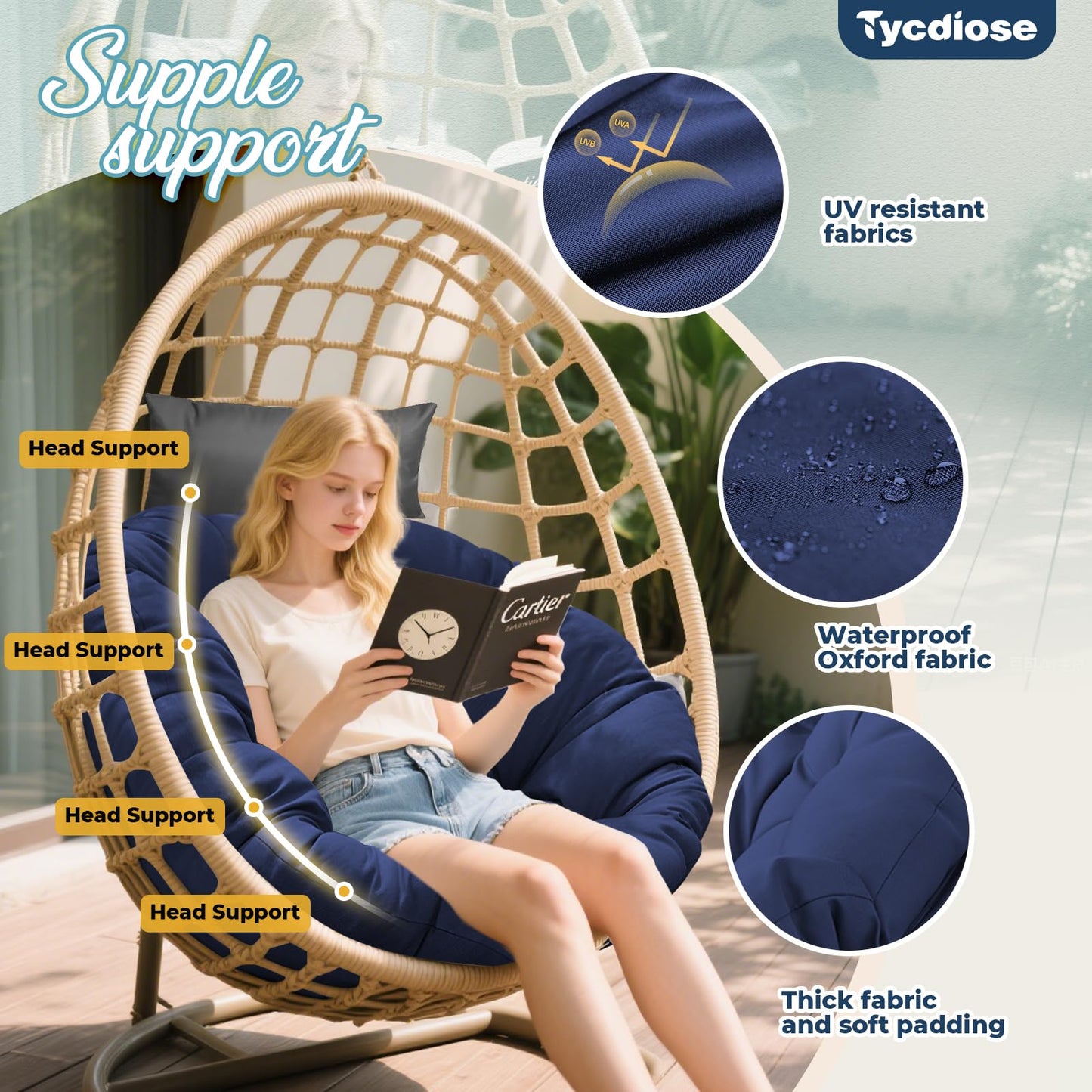 Tycdiose Outdoor Swing Egg Chair Cushion Waterproof, Thicken Hanging Basket Egg Chair Cushion Replacement Papasan Chairs Cushions with Headrest Pillow, Larger Round Cushions for Eggs Chairs (Blue)