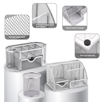 17 in1 Silvery Desk Organizers and Accessories Set, 3 Office Desk Supplies Storage Organization, 4 Pens, Stapler, Staples & Remover, Tape & Dispenser, Scissors, Ruler, Clips, Hole Punch Back to School