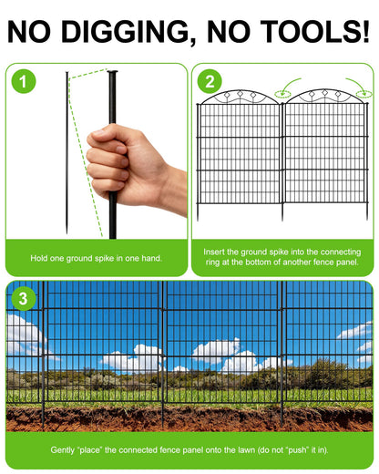 40in Tall 10-Panel Metal Garden Fence, No Dig Temporary Yard Fencing, Reusable Animal Barrier for Large Dogs & Garden Protection, Black